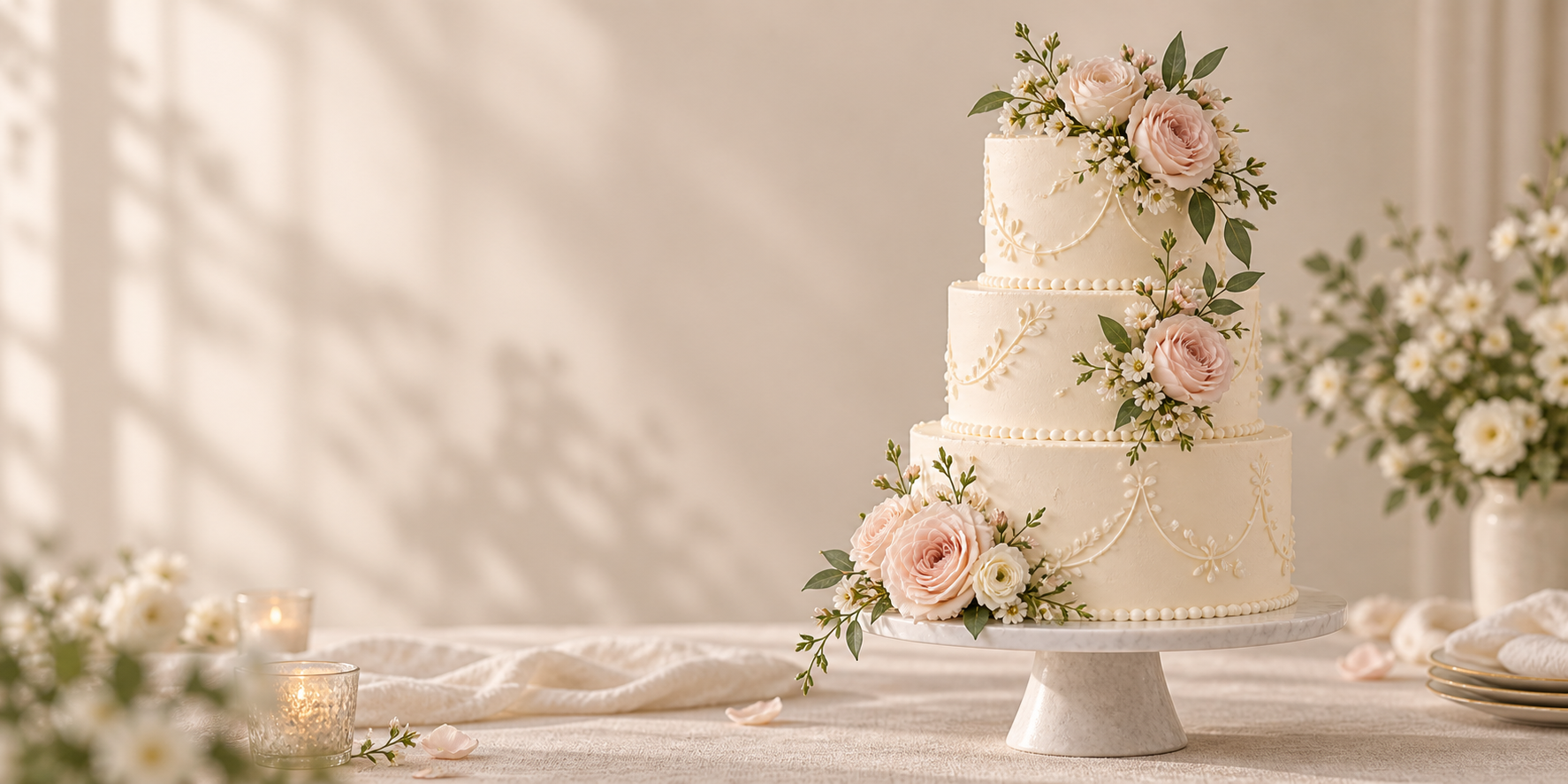 Elegant three-tier wedding cake with blush roses and delicate piping