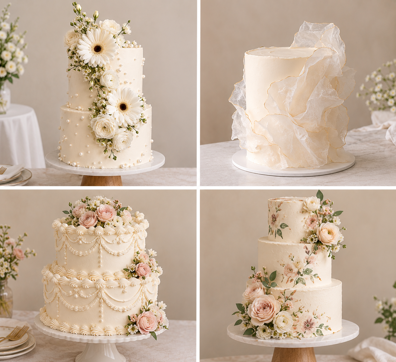 Four elegant wedding cake design directions with florals, texture and hand-painted details
